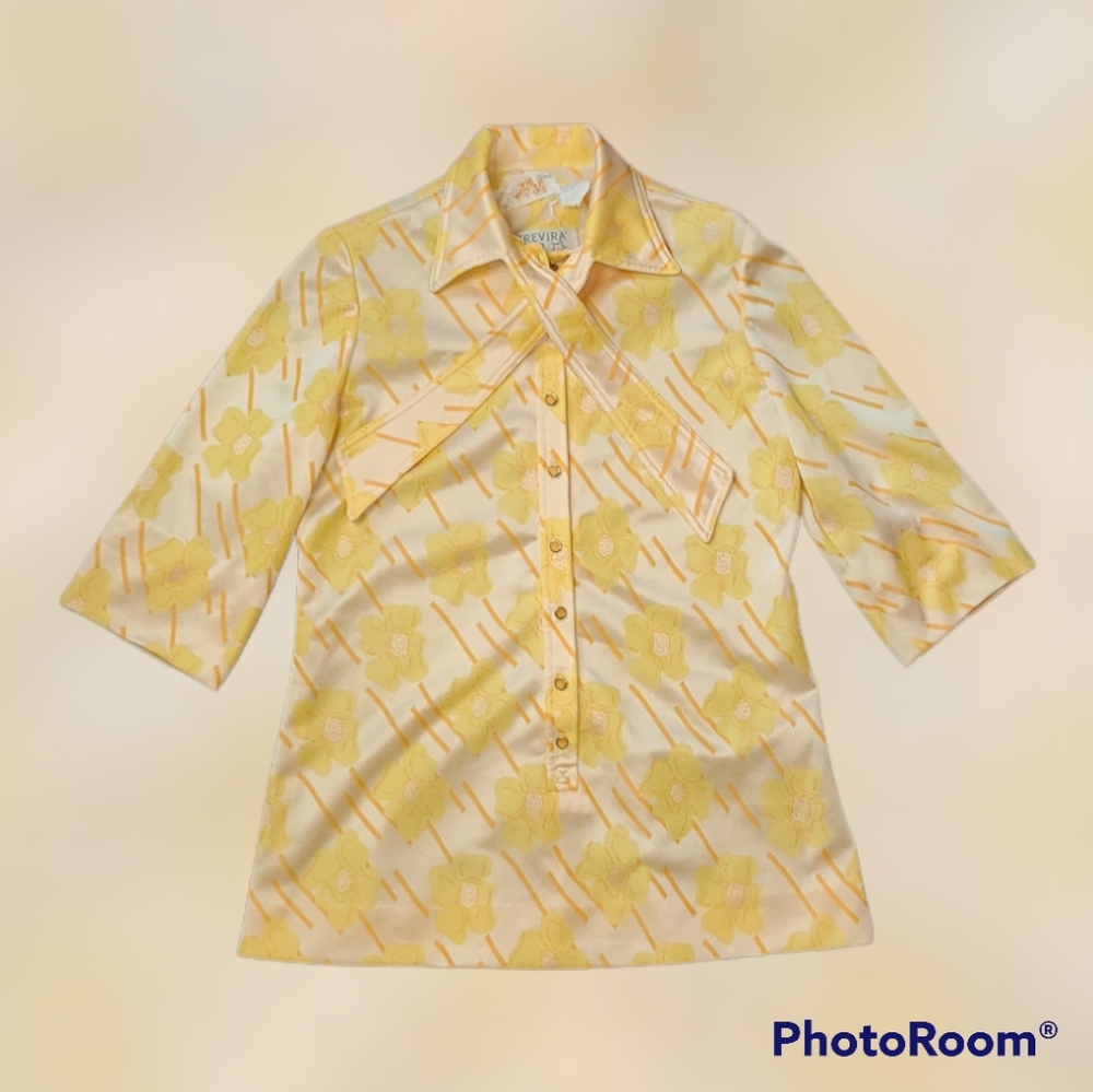 Leslie Fay Vintage Yellow Floral Blouse Trevira Star